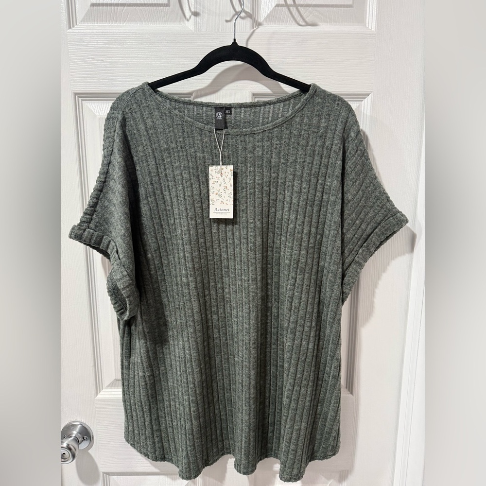 Relaxed Ribbed Short-Sleeve Top - Olive Green